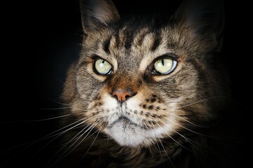 close up of main coon face isolated on black background 