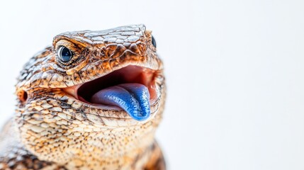 Vibrant blue-tongued skink with a bold blue tongue sticking out, isolated on white.