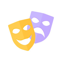Theater masks in cartoon style on a white isolated background. A mask of fun and sadness in yellow and purple.