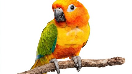 Vibrant sun conure parrot, perched on a branch, showing off its brilliant orange and green feathers against the white background.