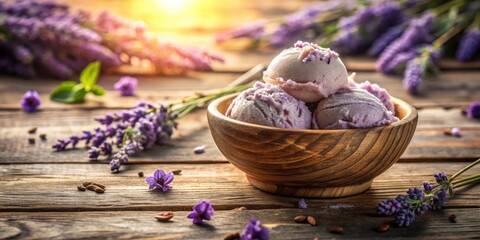 Three Scoops of Lavender Ice Cream in a Wooden Bowl with Fresh Lavender Flowers on a Rustic Wooden Table