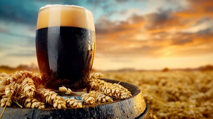 A dark beer stands on a wooden barrel, surrounded by golden wheat, against a vibrant sunset sky, capturing the essence of brewing.