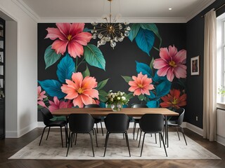 a dining room with a large floral mural on a black wall.