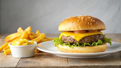 Burger and fries on white plate with sauce