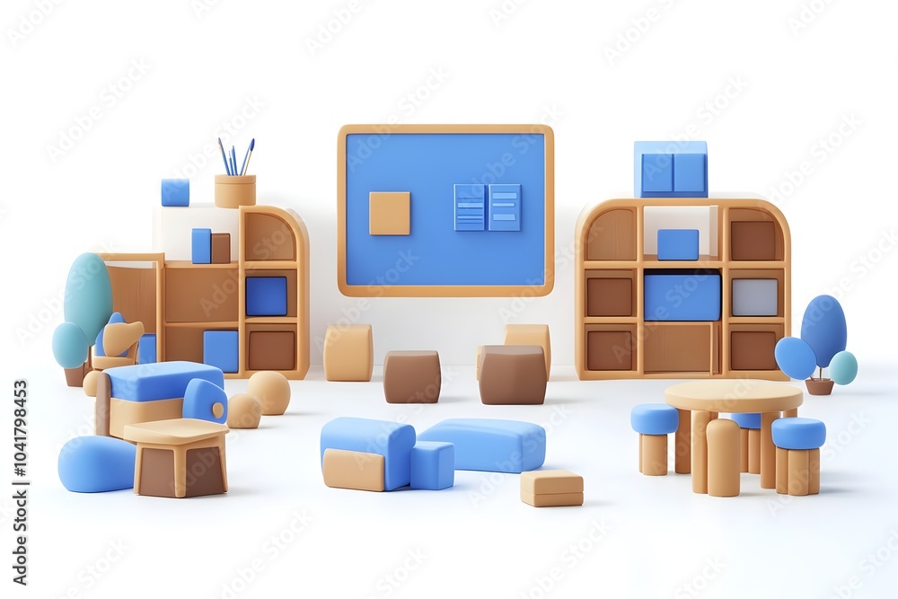 Poster organized 3d classroom setup with smooth shapes soft gradients and calming blue and brown tones