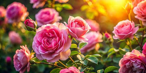 Obraz premium Closeup of Vibrant Pink Roses in Bloom with Sunlight Filtering Through for Macro Photography