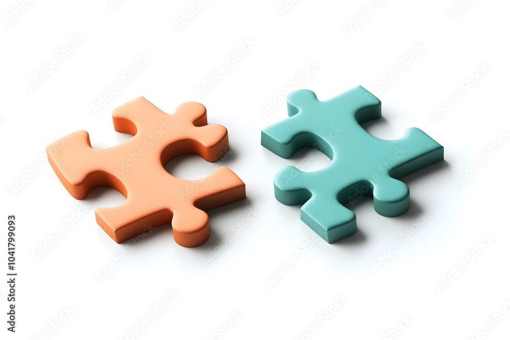 Poster interlocking puzzle piece duo tone icons with subtle shadows on clean background