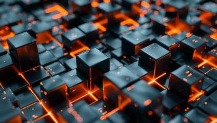 Obraz premium 3D render of abstract background with metal cubes and glowing lights, in the...