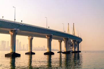 Bandra Worli Sea Link, Mumbai in the evening. It is  a cable-stayed bridge that links Bandra in the Western Suburbs of Mumbai with Worli in South Mumbai