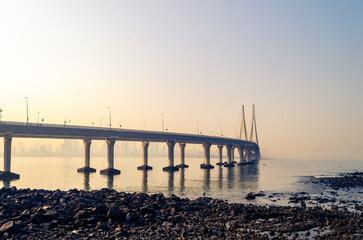 Bandra Worli Sea Link, Mumbai in the evening. It is  a cable-stayed bridge that links Bandra in the Western Suburbs of Mumbai with Worli in South Mumbai