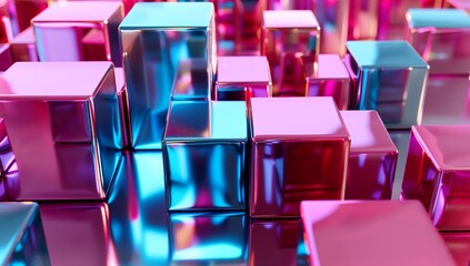 3D render of an abstract background with colorful metallic blocks in pink,...