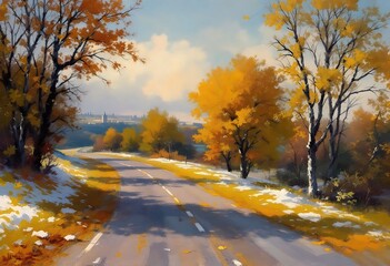 Autumn Road Through Snowy Landscape with Colorful Trees