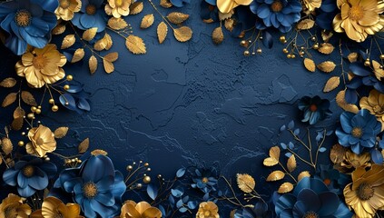3d wallpaper background of navy blue and golden flowers