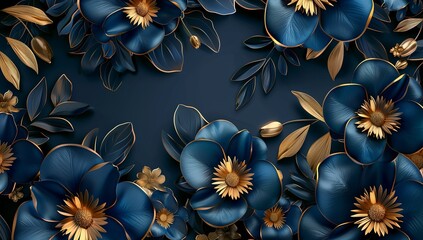3d wallpaper, dark blue and gold flowers background for wall decoration