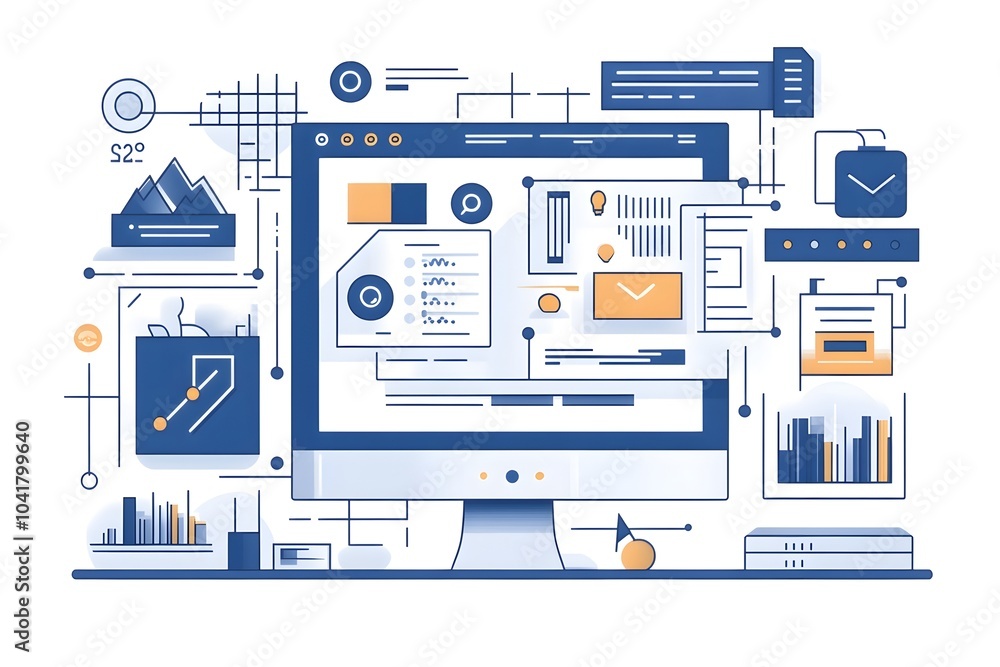 Poster minimalist cobalt and gray flat line for a tech website with detailed geometric shapes and