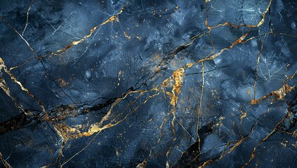 A blue and gold marble background with dark grey cracks, resembling cracked...