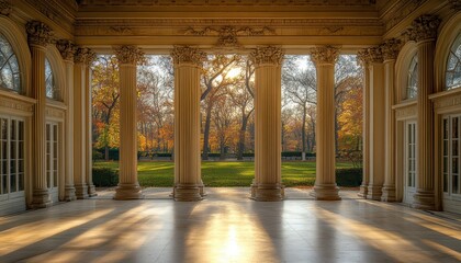 Gentle sunlight filters through columns in the beautiful autumn park setting