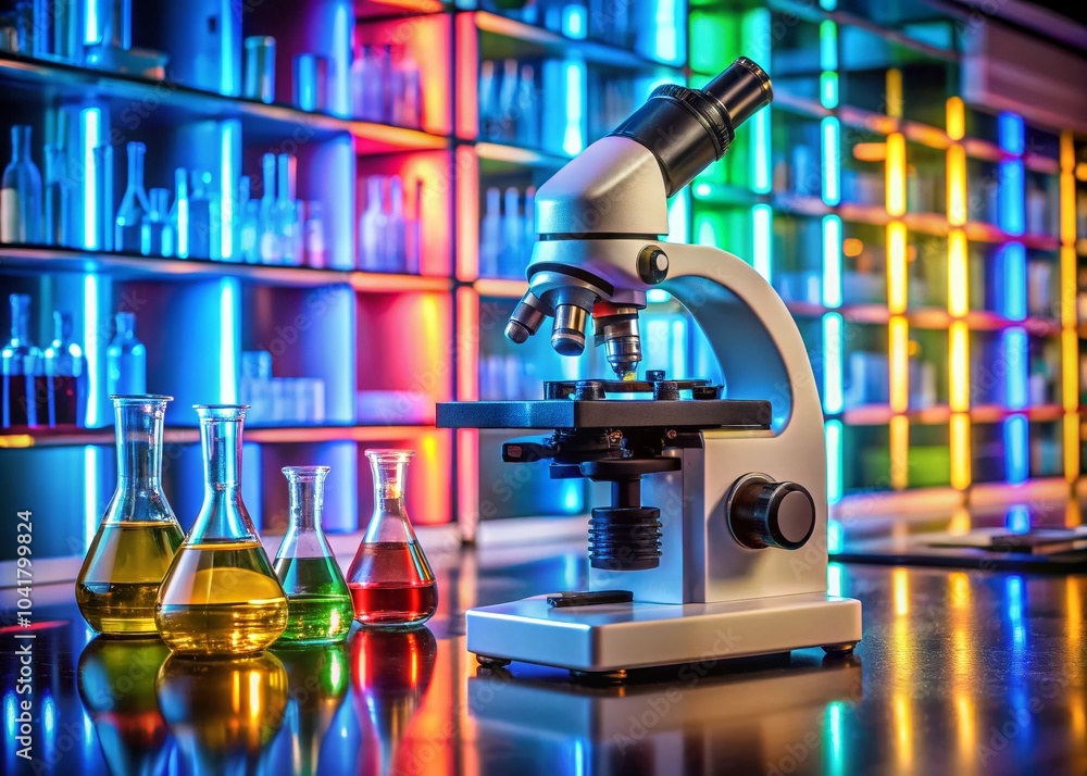 Poster closeup view of a microscope analyzing colorful samples in a modern laboratory with vibrant lighting