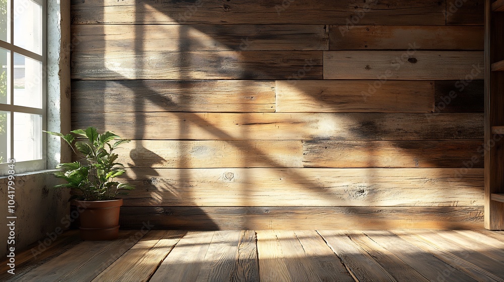 Poster front view of blank wall in a cozy room featuring rustic wooden planks with soft natural light filte