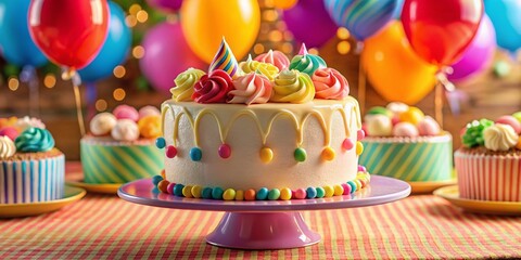 Closeup Vanilla Birthday Cake with Balloons and Plates - Perfect Celebration Moment