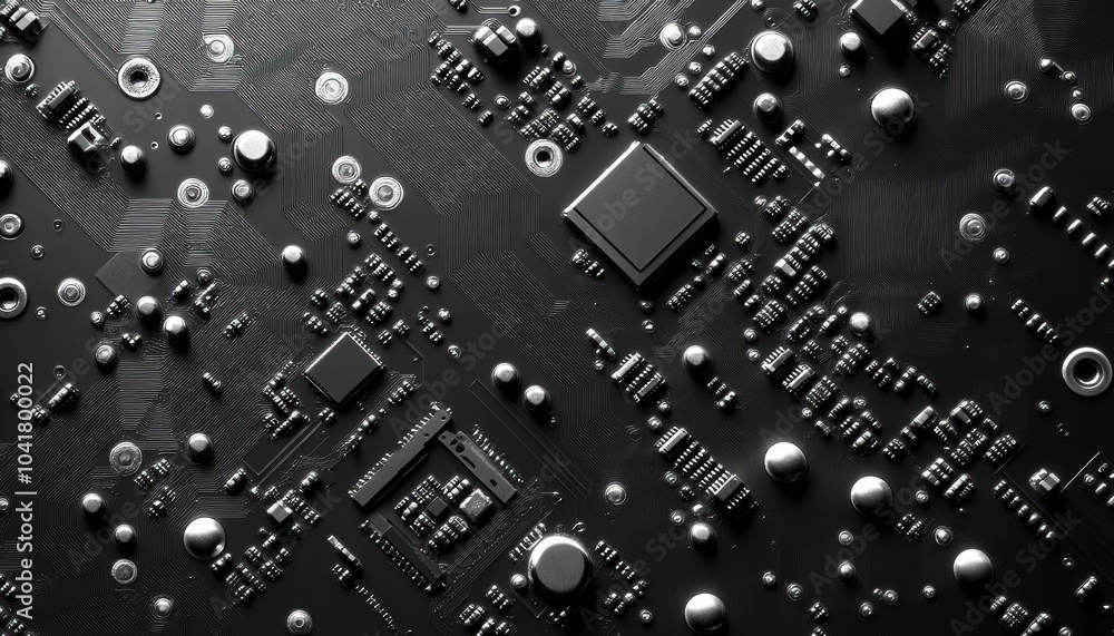 Poster close-up view of a black circuit board filled with components and connections