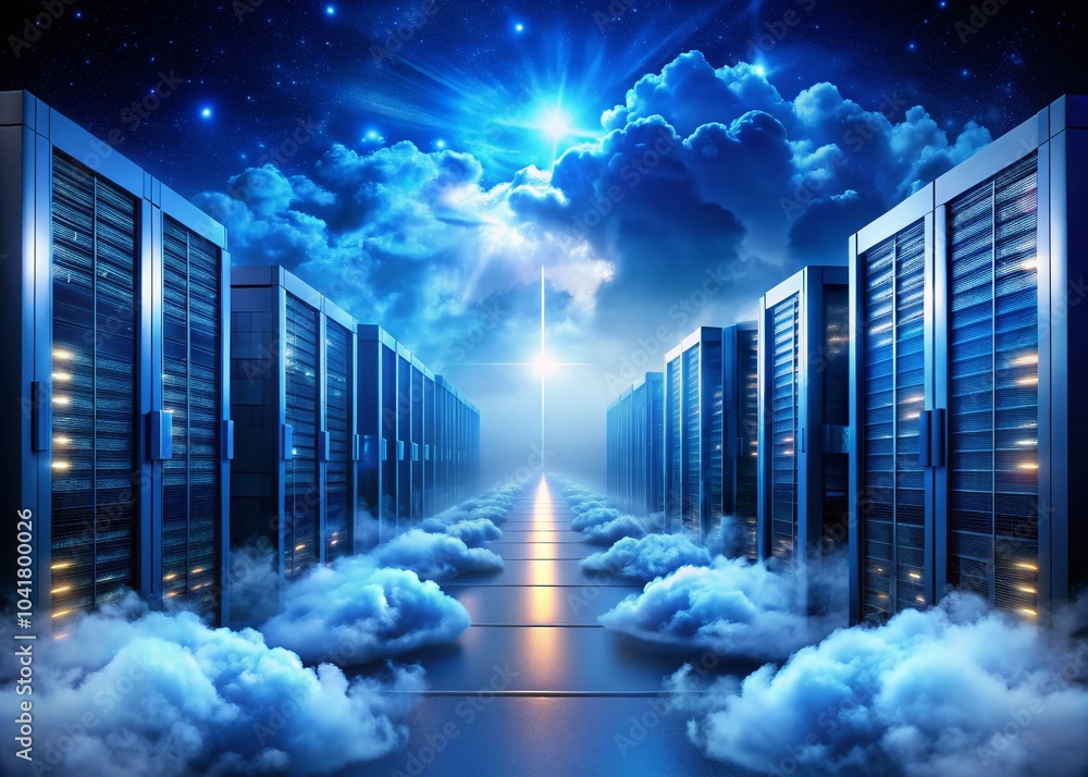 Poster cloud computing network with servers - innovative double exposure concept for technology and digital