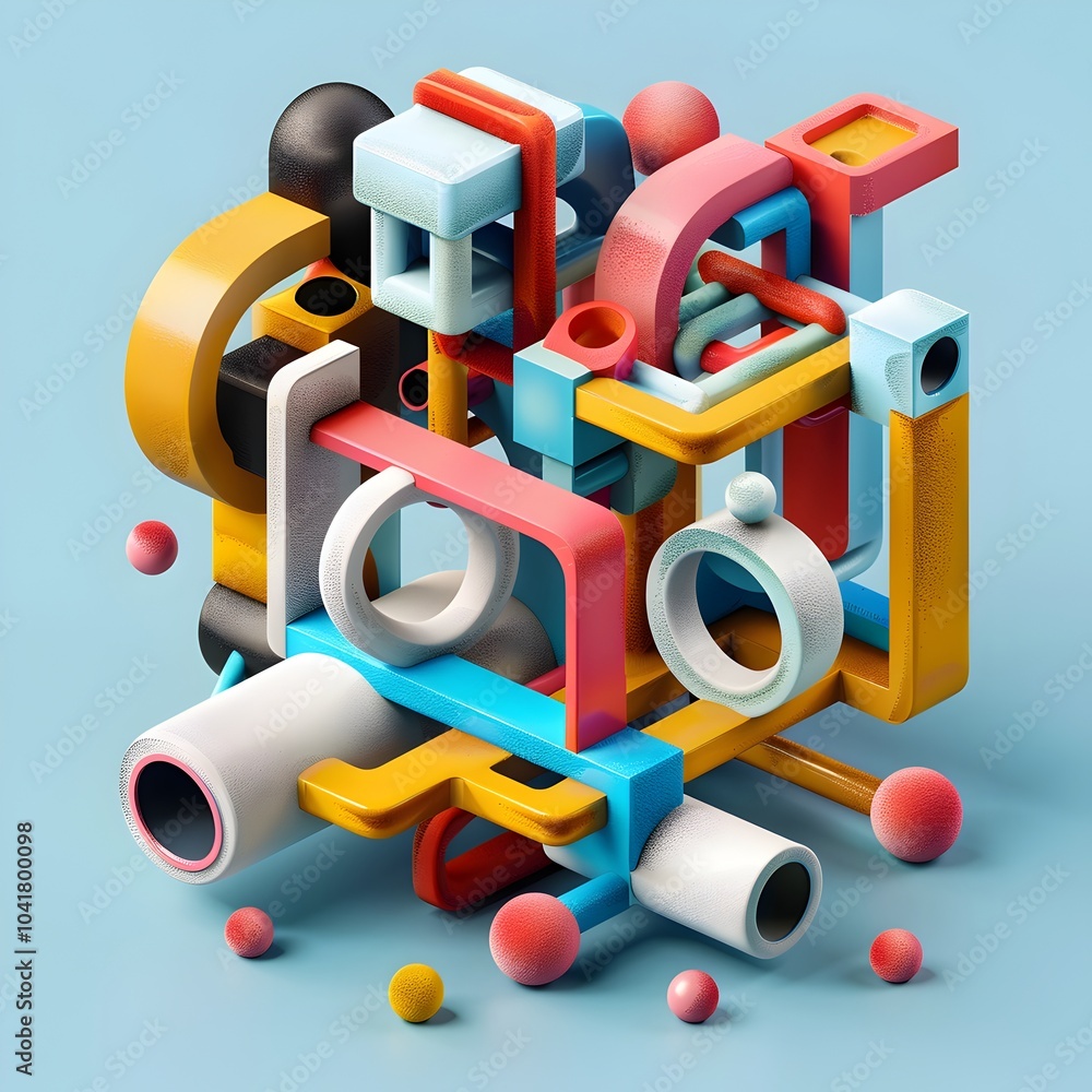 Poster interlocking puzzle like shapes in vibrant isometric abstract design