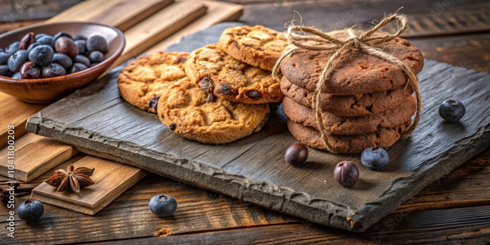 Poster a rustic wooden table setting with a selection of freshly baked chocolate chip cookies, a bowl of bl