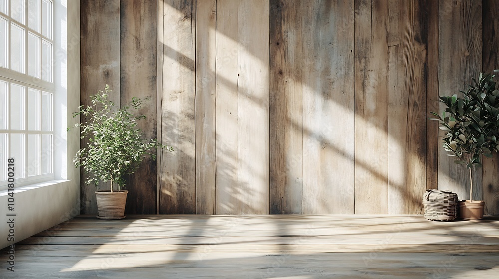 Poster front view of blank wall in a cozy room featuring rustic wooden planks with soft natural light filte