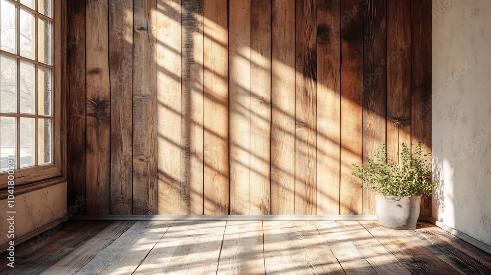 Poster front view of blank wall in a cozy room featuring rustic wooden planks with soft natural light filte