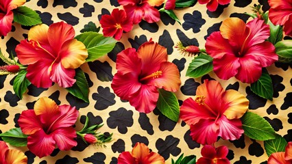 Coastal Hibiscus Flower Silhouette on Cow Print Pattern for Tropical Decor