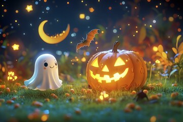 Fototapeta premium A bright and cheerful Halloween night. There was a glowing jack-o'-lantern sitting on a patch of green grass. A cute little ghost in a flowing white dress floats next to a pumpkin.