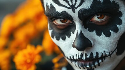Face with intricate skeleton makeup, dark shadows around the eyes and mouth, white forehead patterns highlighted by natural light, marigolds adding a cultural and dramatic atmosphere. Day of the Dead