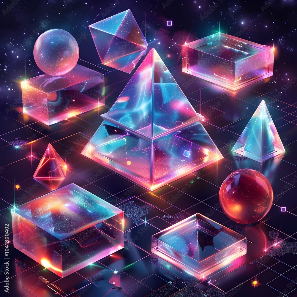Poster mesmerizing iridescent geometric shapes floating in ethereal cosmic space
