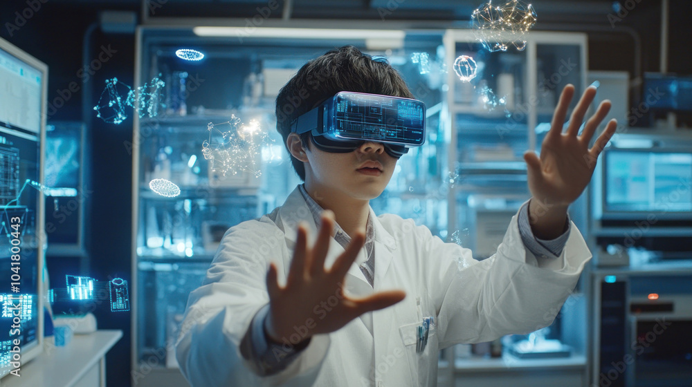 Poster lab scientist explores virtual molecules with headset