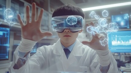 Researcher wearing VR headset visualizes 3D models