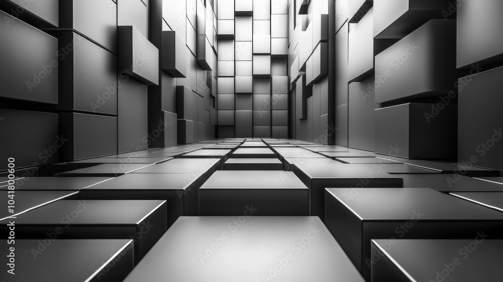 Leinwandbilder a narrow corridor lined with geometric black boxes creates a striking visual effect, enhanced by sub