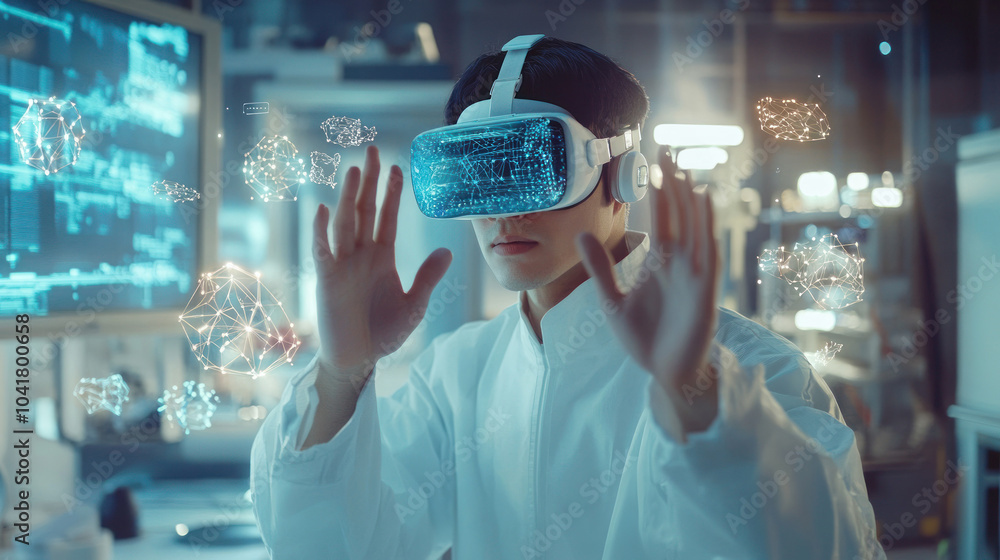 Poster scientist using vr headset with virtual data holograms.
