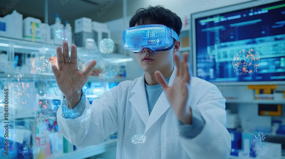 Poster vr headset on scientist interacting with virtual display.