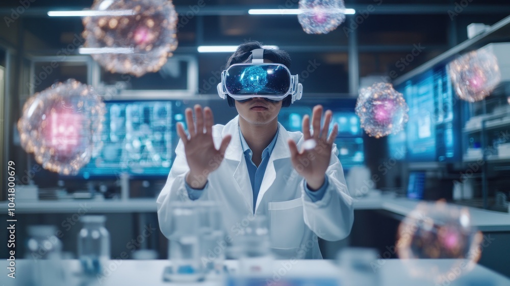 Poster researcher interacting with virtual particles using vr.