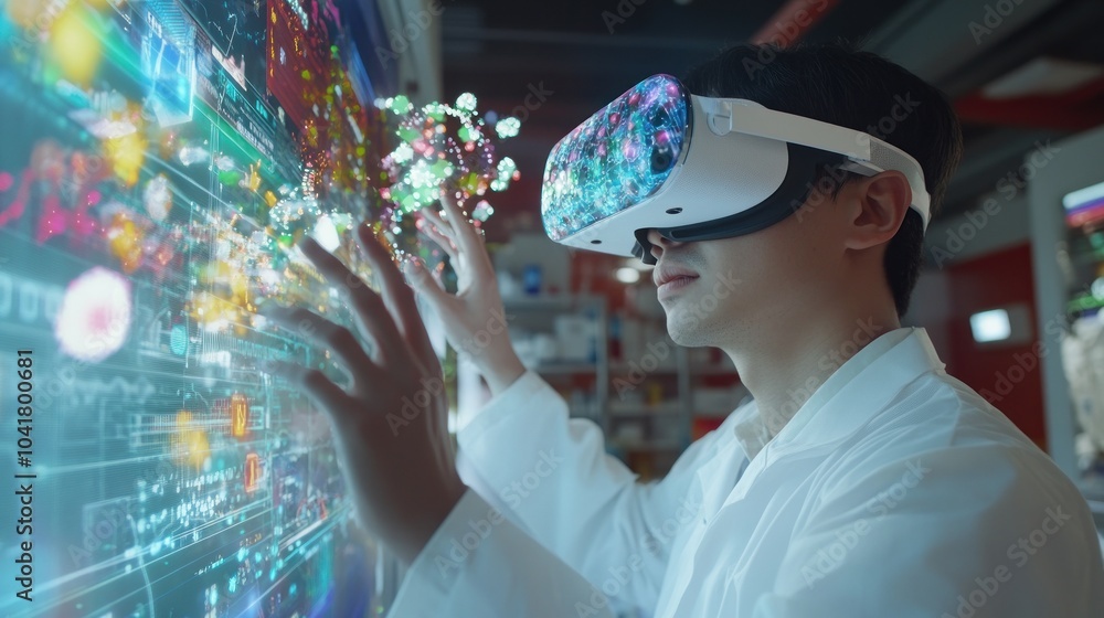 Poster scientist in vr exploring technology and digital effects.
