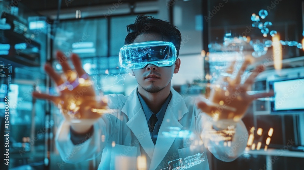 Poster scientist using vr for digital exploration in a lab.