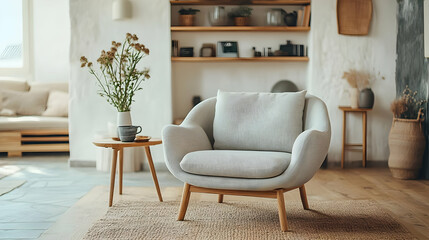 Modern Living Room Decor with Cozy Chair and Wooden Accents