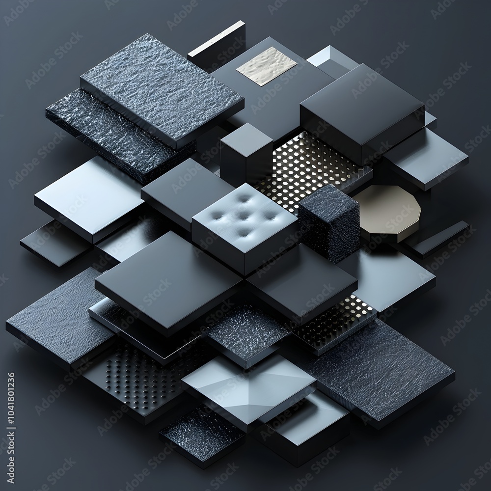 Poster captivating 3d abstract geometric shapes with metallic surfaces on dark background