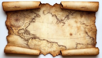Antique world map on aged parchment with rolled edges showcasing historical geography