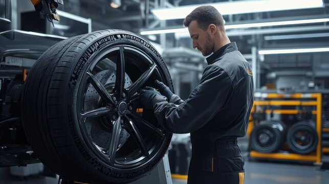 Mechanic inspecting car wheel with precision focus.