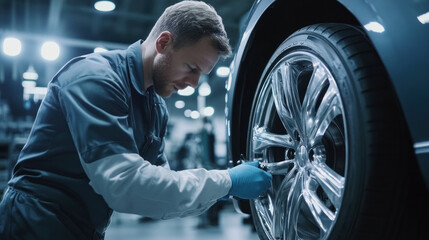 Engineer tightens car bolt in technologically advanced garage.