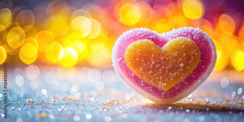 Poster A Heart Shaped Candy with Sugar Coating on a Glittering Surface with a Bokeh Background