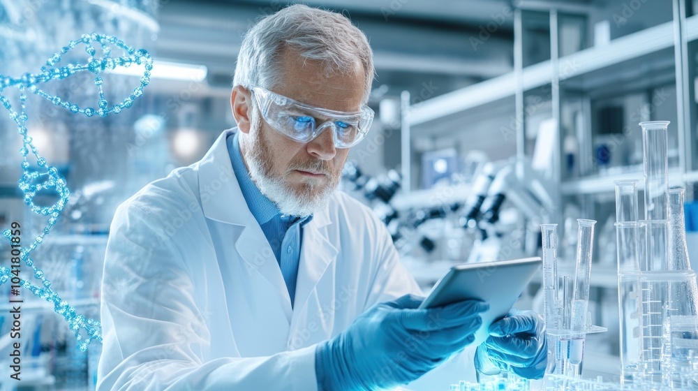 Poster senior scientist synthesizing formulas in laboratory