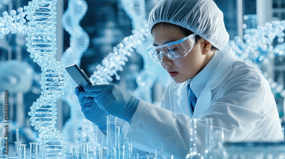 Poster scientist studying dna structures with advanced tech